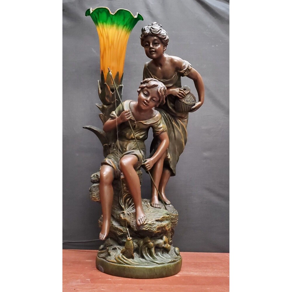 French Art Nouveau Tulip Style Figural Lamp Girl Boy Fishing